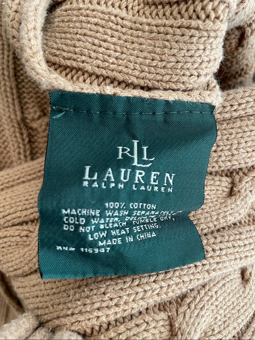 Ralph Lauren cable knit wrap blanket throw cotton camel beige 54 x 72”